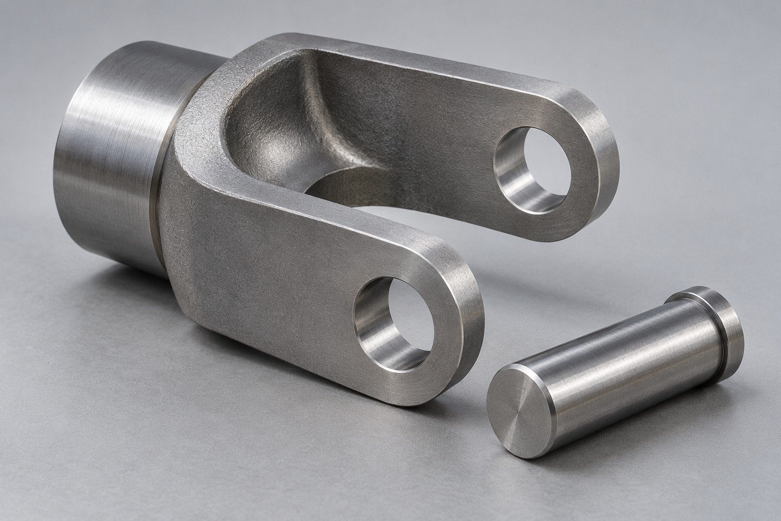 Steel forked yoke and cylindrical pivot pin — illustrative component concept