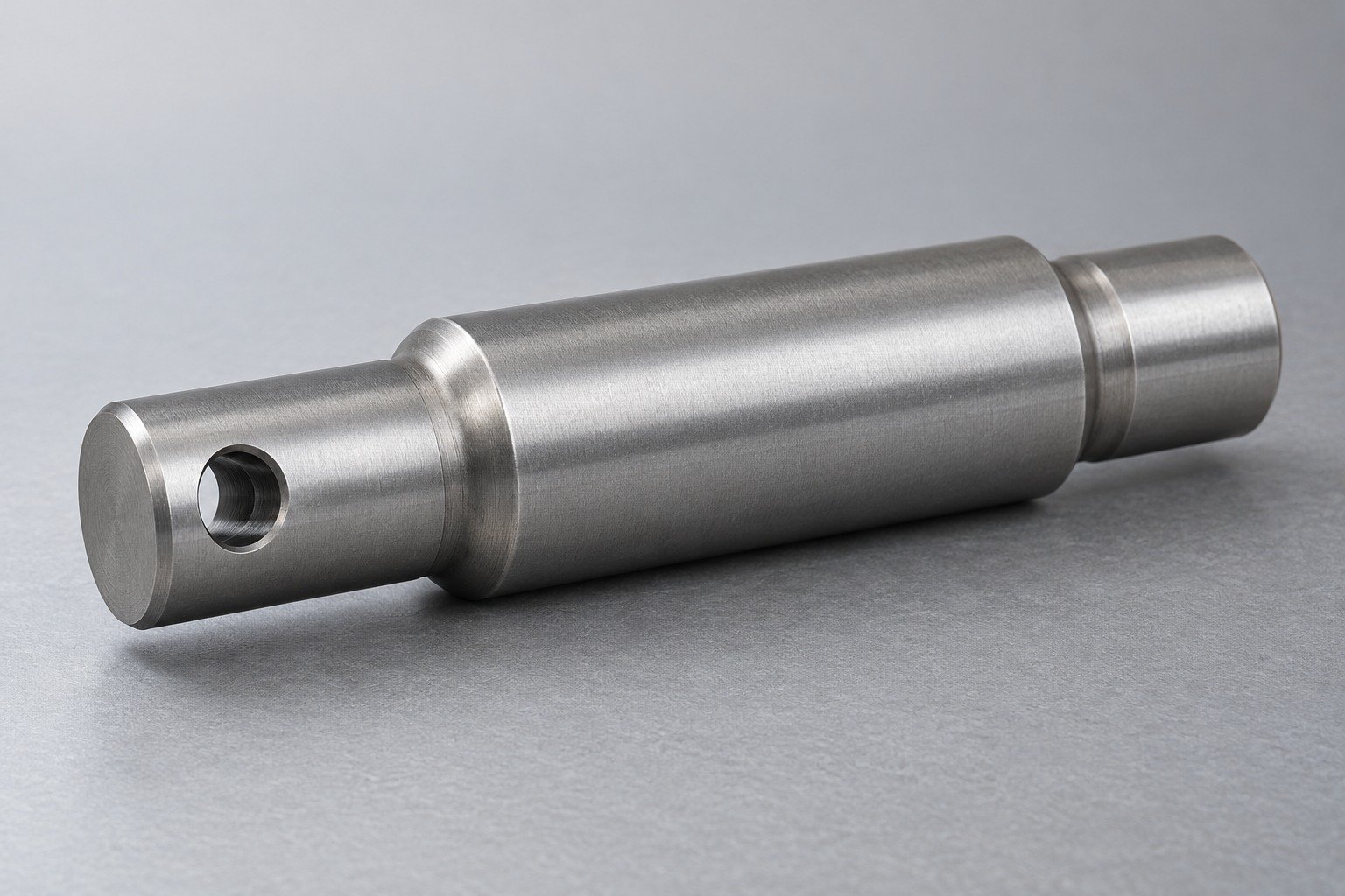 Steel pivot pin with journals and transverse hole — illustrative component concept