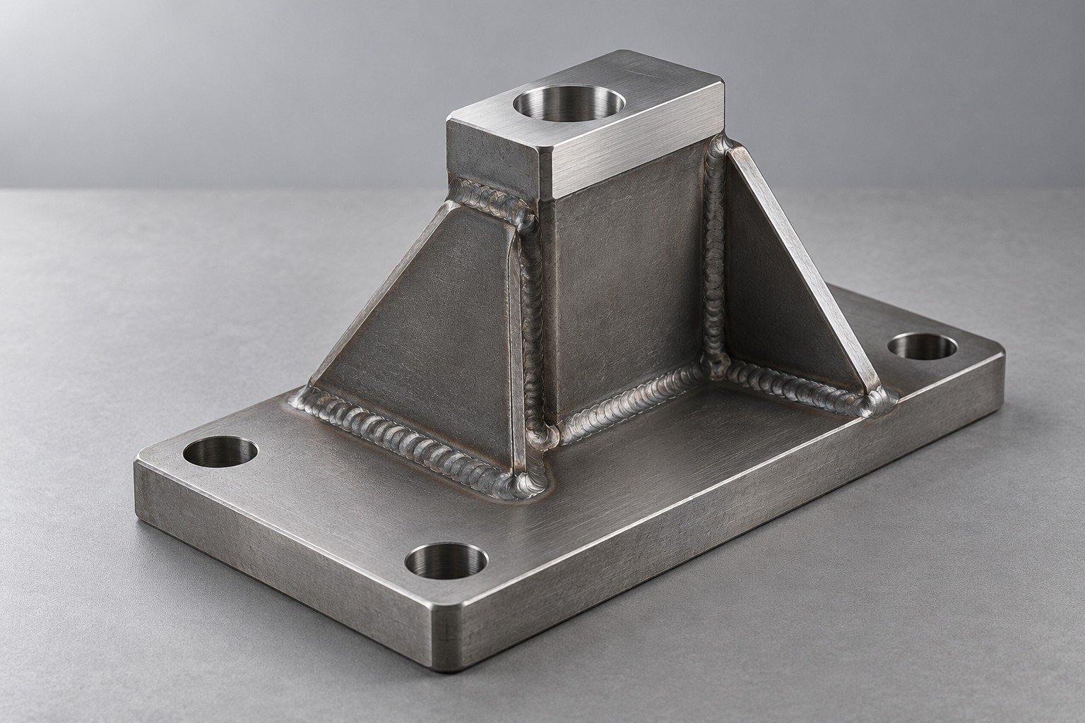 Steel welded mounting shoe with gussets and machined top pad — illustrative component concept