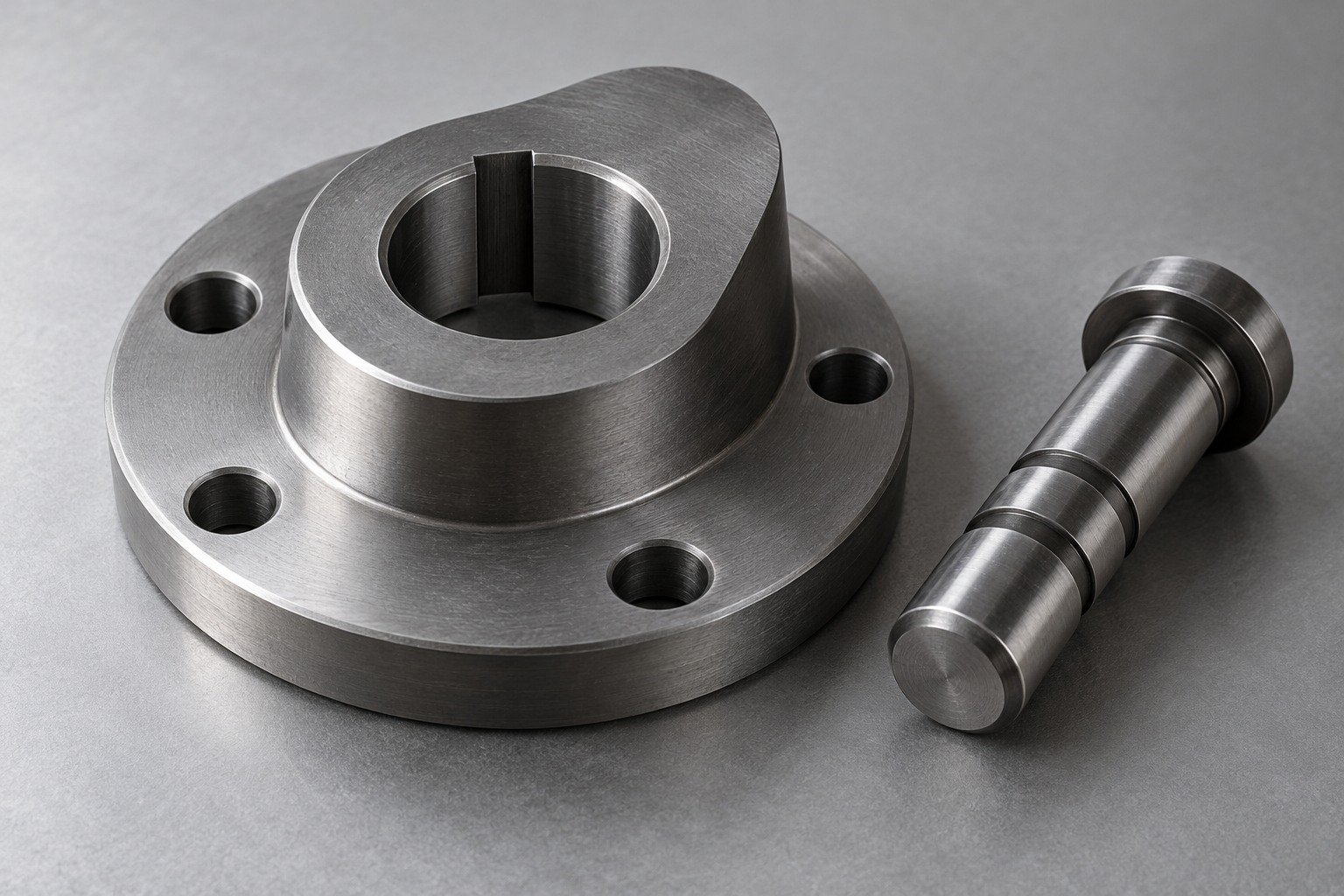 Illustrative 1045 steel eccentric cam flange and guide pin concept