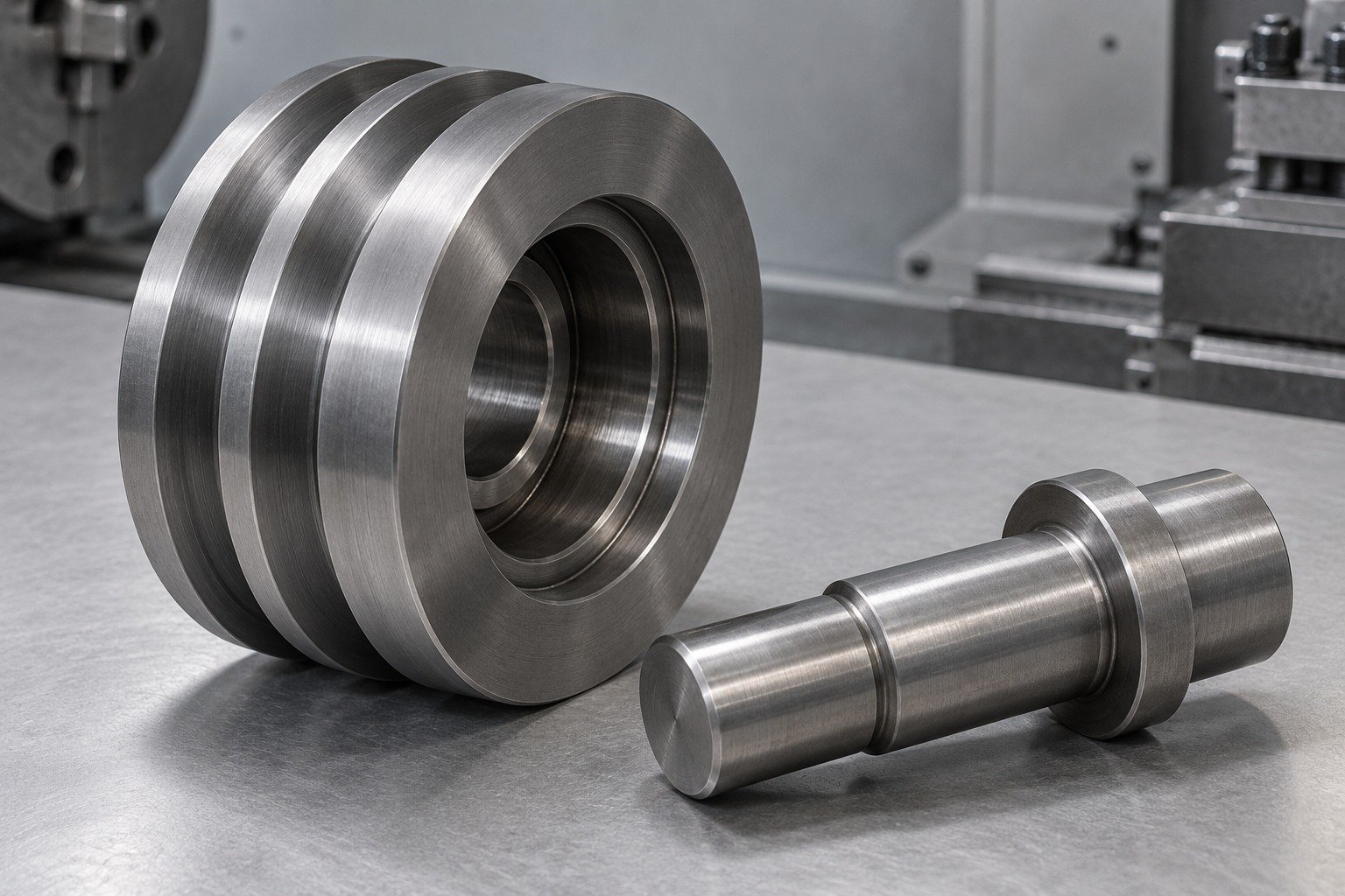 Grooved steel roller and shouldered shaft pin — illustrative component concept