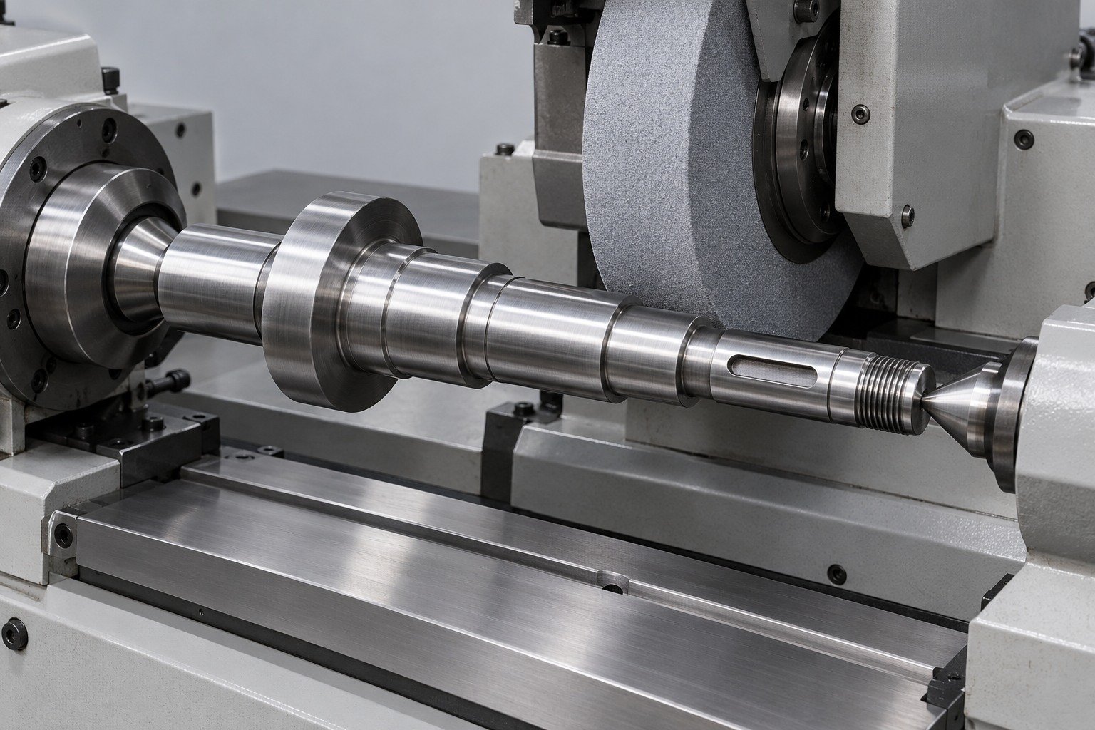Steel shaft journal at a cylindrical grinding setup — illustrative component concept