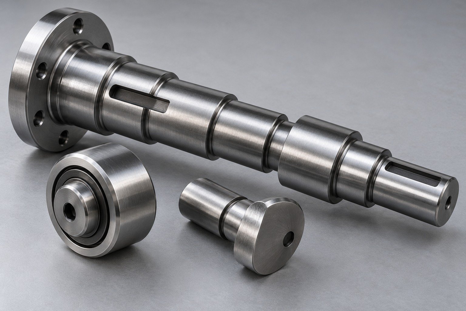 Steel keyed drive shaft, cam roller and eccentric pin — illustrative component concept