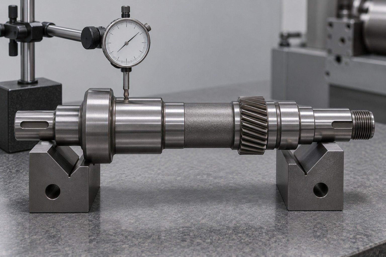 Steel shaft journal inspected on V blocks with dial indicator — illustrative component concept