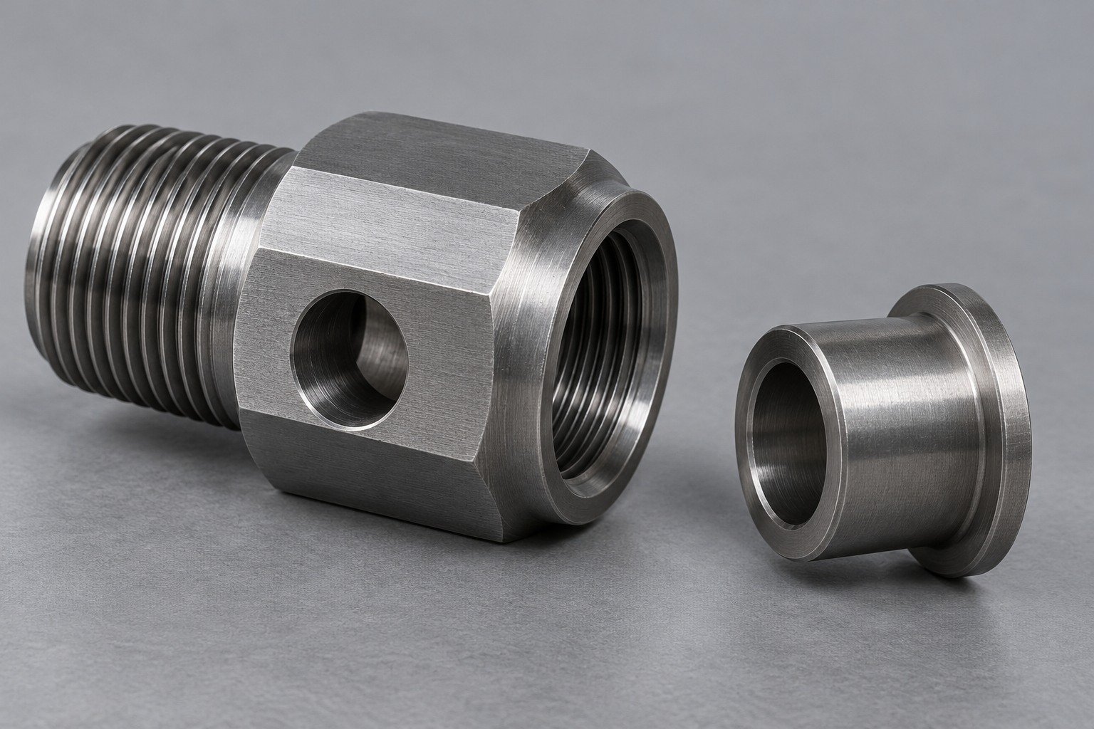 Steel hex-bodied threaded adapter and flanged bushing — illustrative component concept