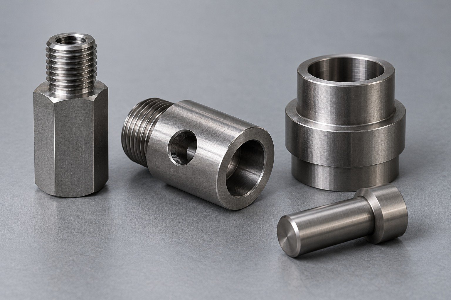 Steel threaded standoff, cylindrical adapter, sleeve and locating pin — illustrative component concept