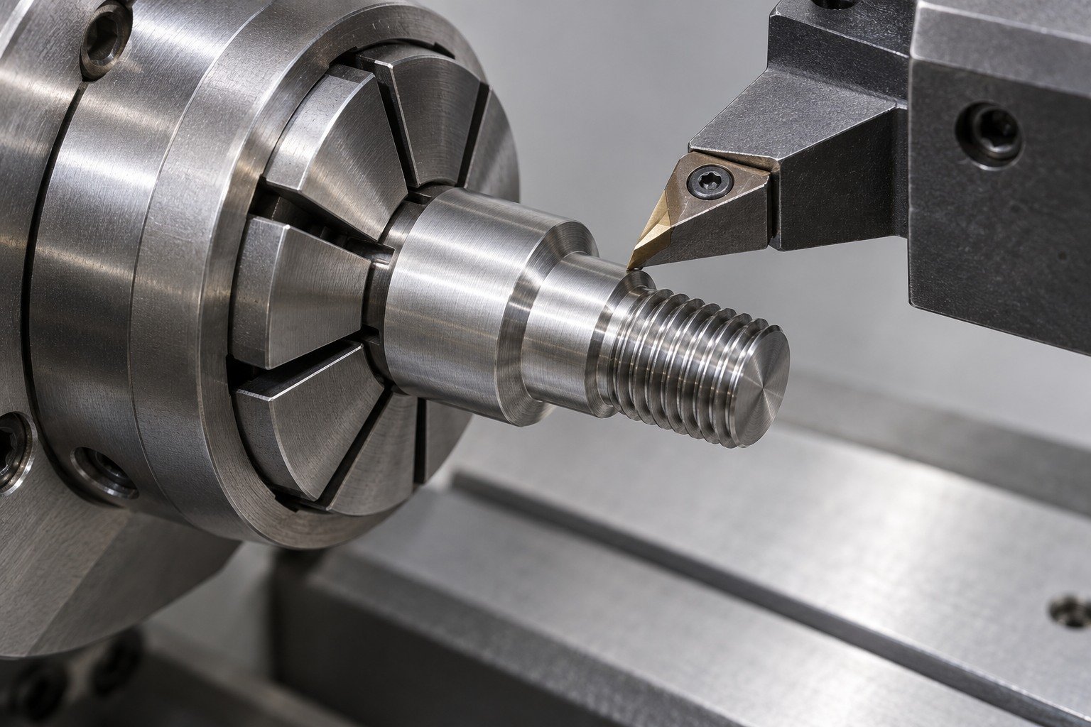 Steel screw-machine adapter held in a lathe collet — illustrative component concept