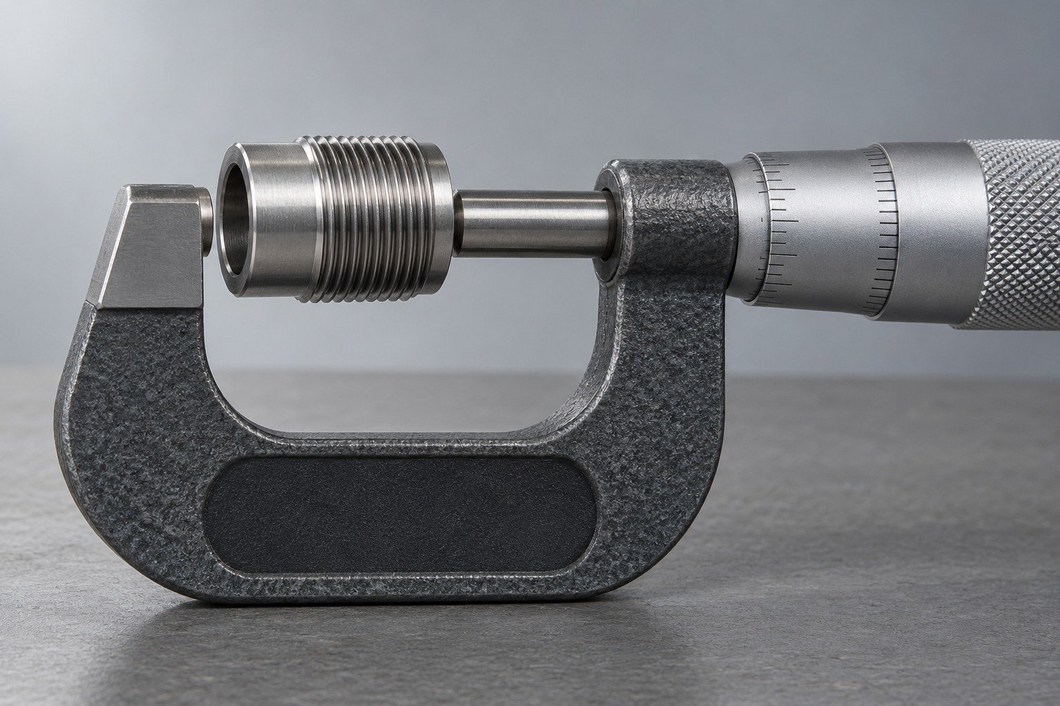 Steel threaded sleeve checked in a bench micrometer — illustrative component concept