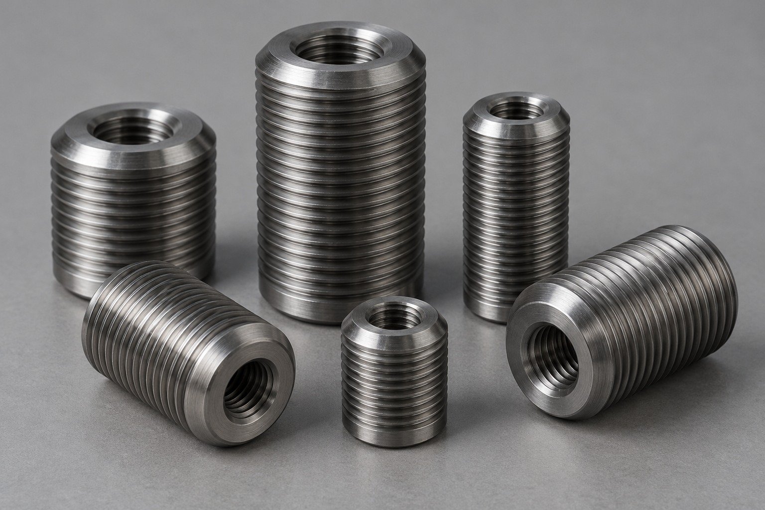 Short steel threaded spacers with visible runout and chamfers — illustrative component concept