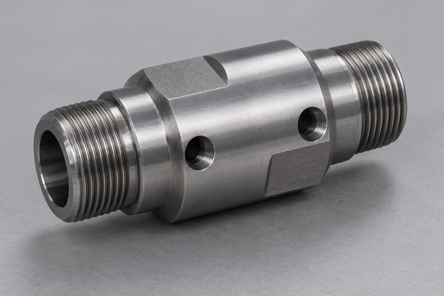 Cylindrical steel fitting with milled flats and radial crossholes — illustrative component concept