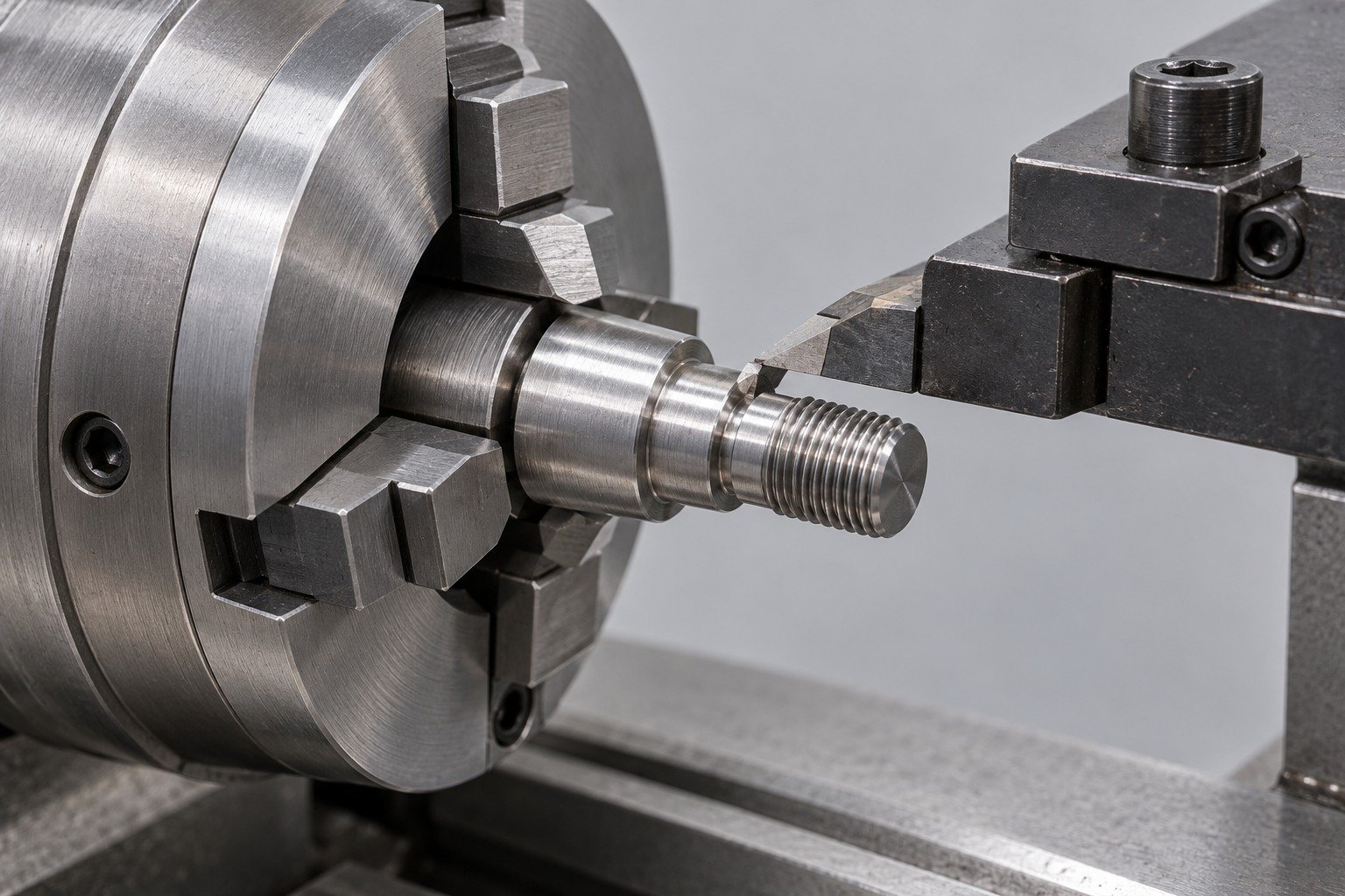 Collet holding a steel threaded standoff beside a turning tool — illustrative component concept