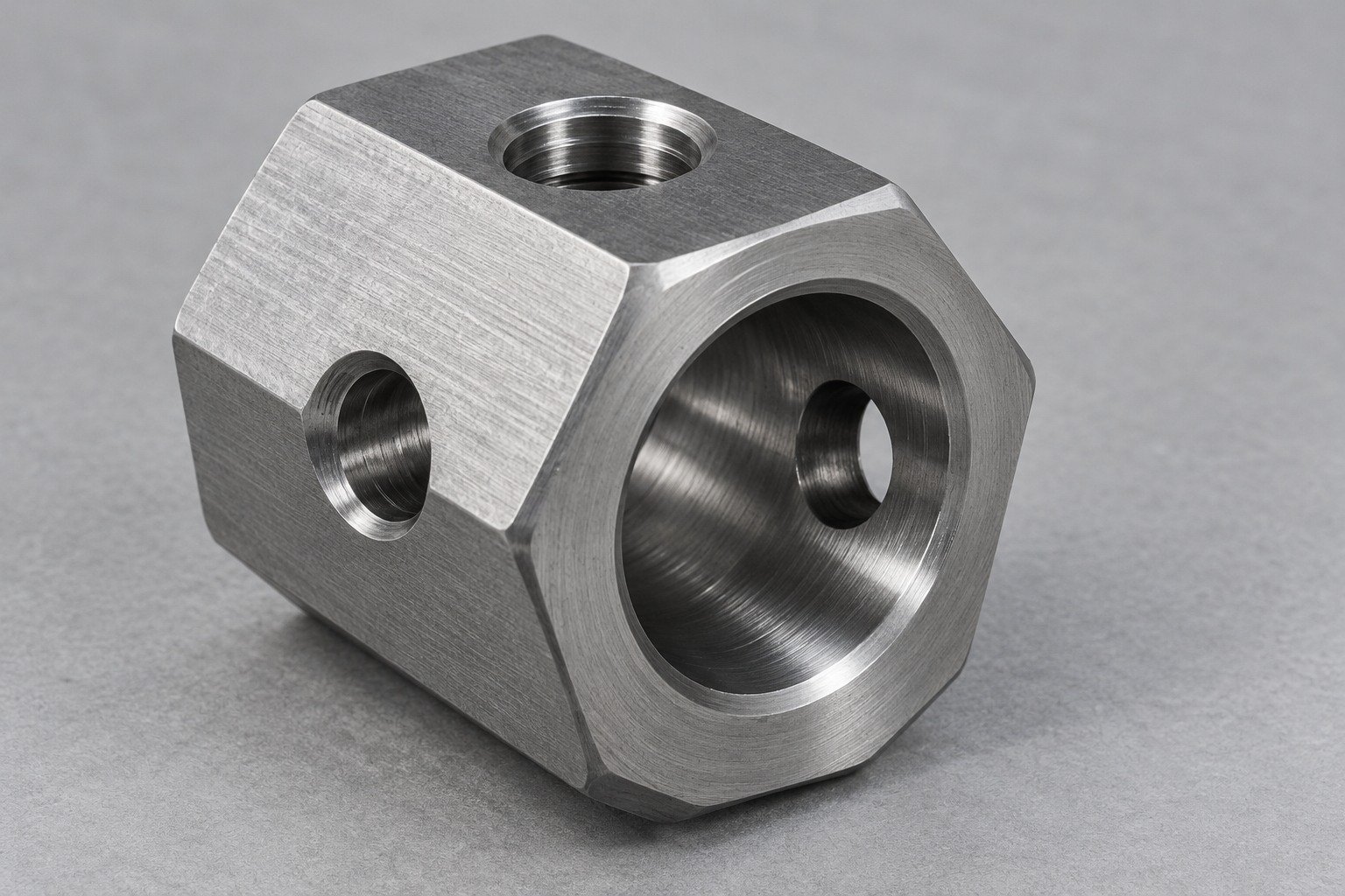Cross-drilled steel hex fitting showing intersecting passage — illustrative component concept
