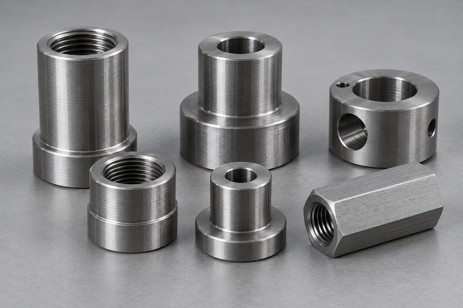 Small turned steel sleeves, standoffs and hex coupling — illustrative component concept