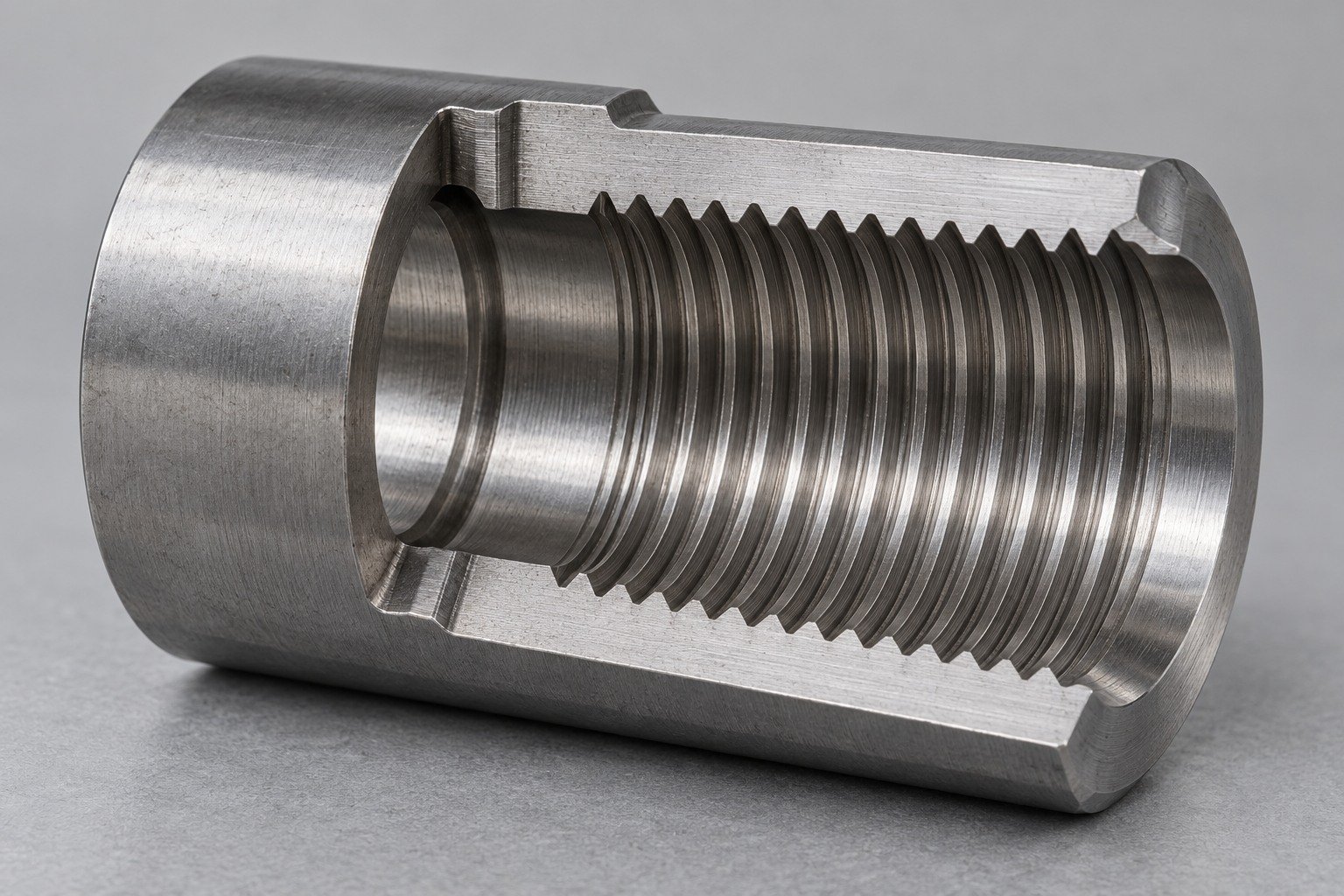 External thread and relief groove on a cutaway steel sleeve — illustrative component concept