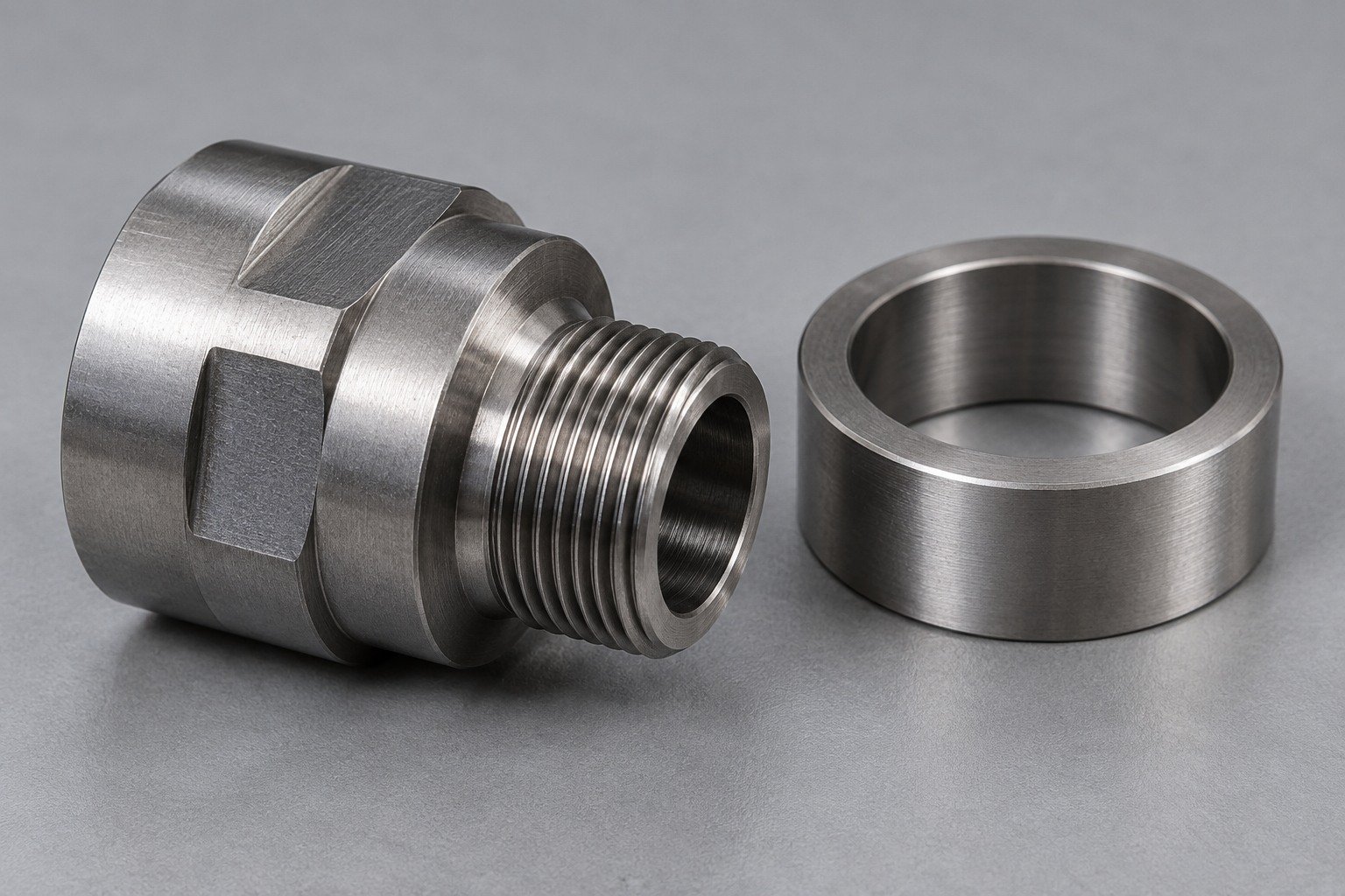 Externally threaded steel coupling bush and spacer ring — illustrative component concept