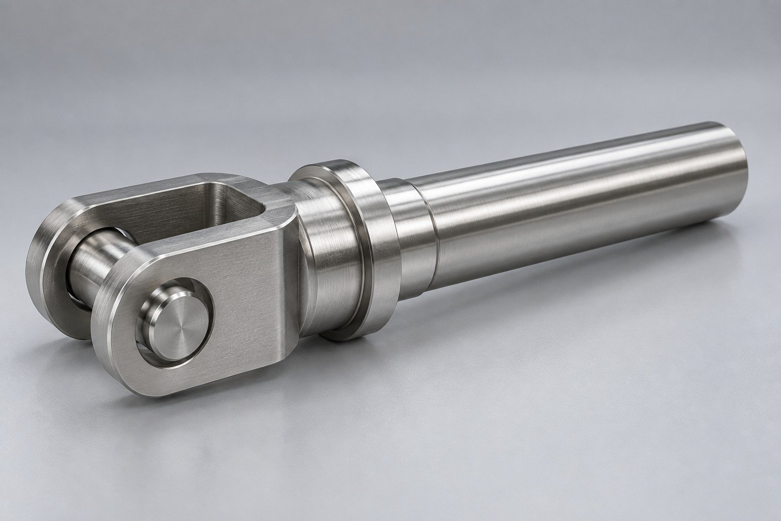Clevis-end actuator rod with cross-pin bore and locating collar — illustrative 17-4 PH stainless steel component concept