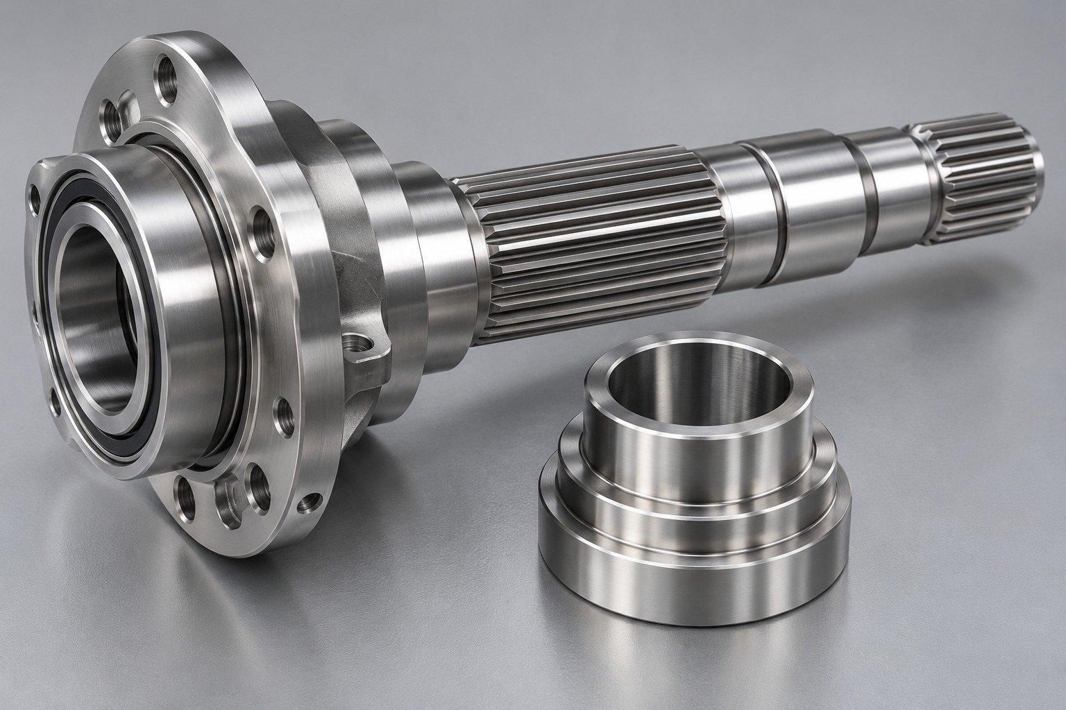 Splined shaft, bearing carrier and stepped bushing — illustrative 17-4 PH stainless steel component concept