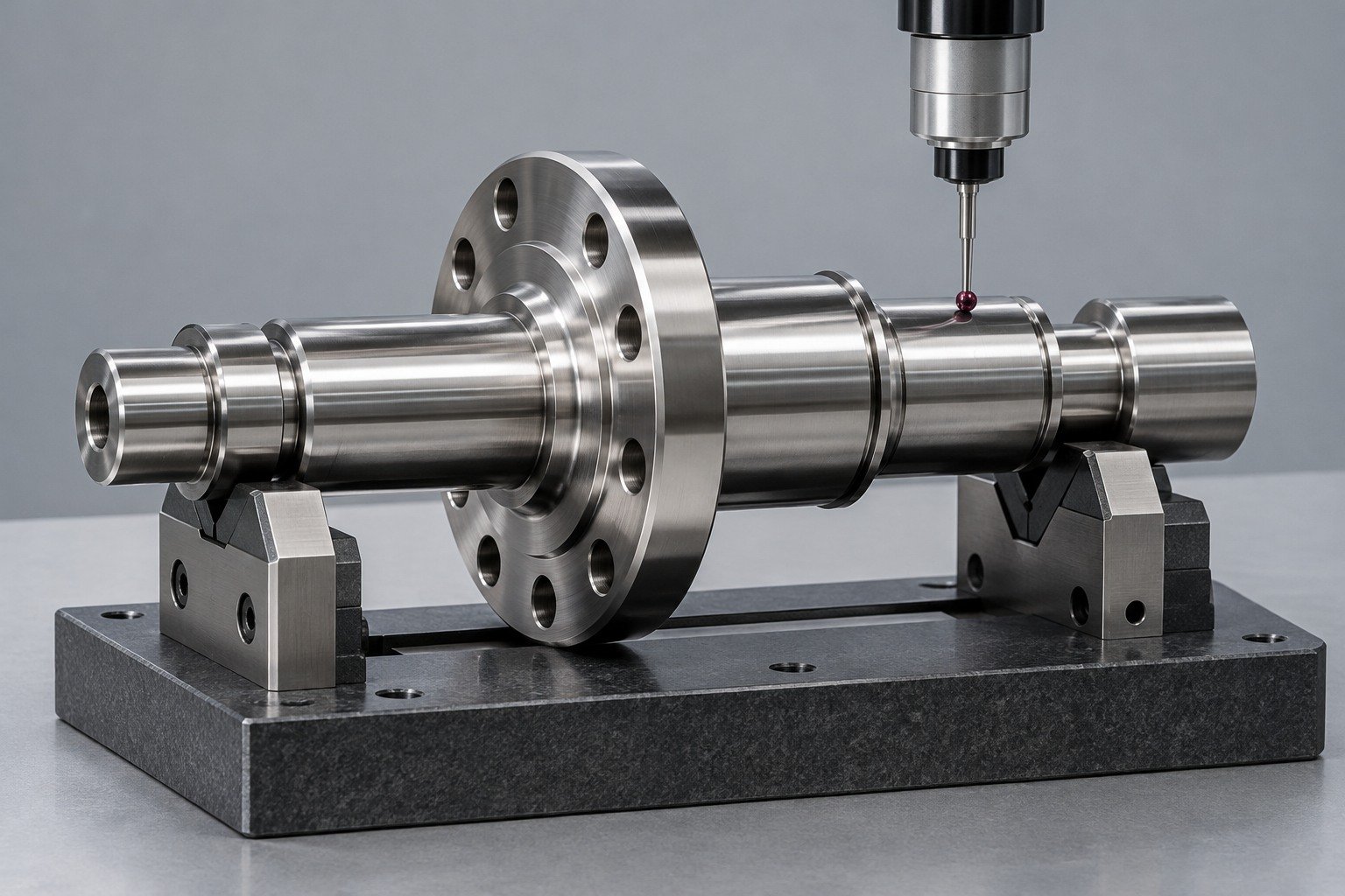 Flanged shaft with probe at bearing journal — illustrative 17-4 PH stainless steel component concept