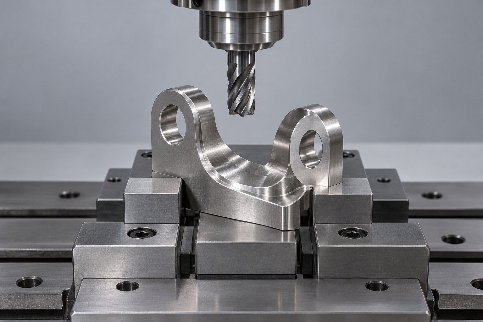 Pocketed mounting lug held for CNC milling — illustrative 17-4 PH stainless steel component concept