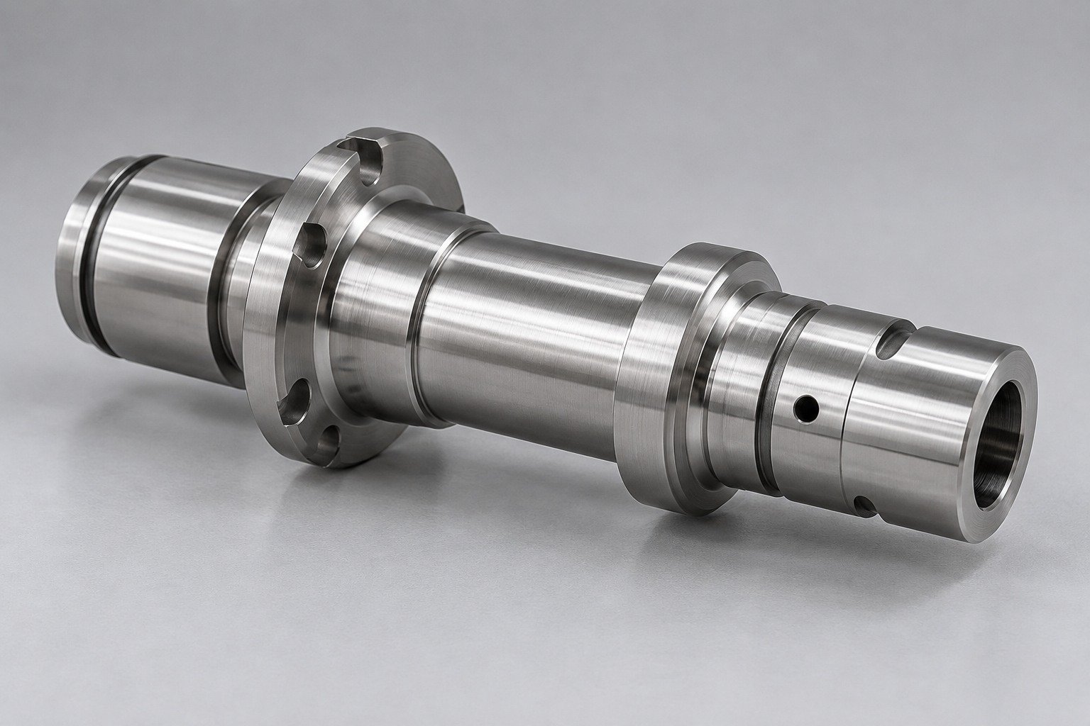 Stepped spindle with bearing journals and axial bore — illustrative 17-4 PH stainless steel component concept