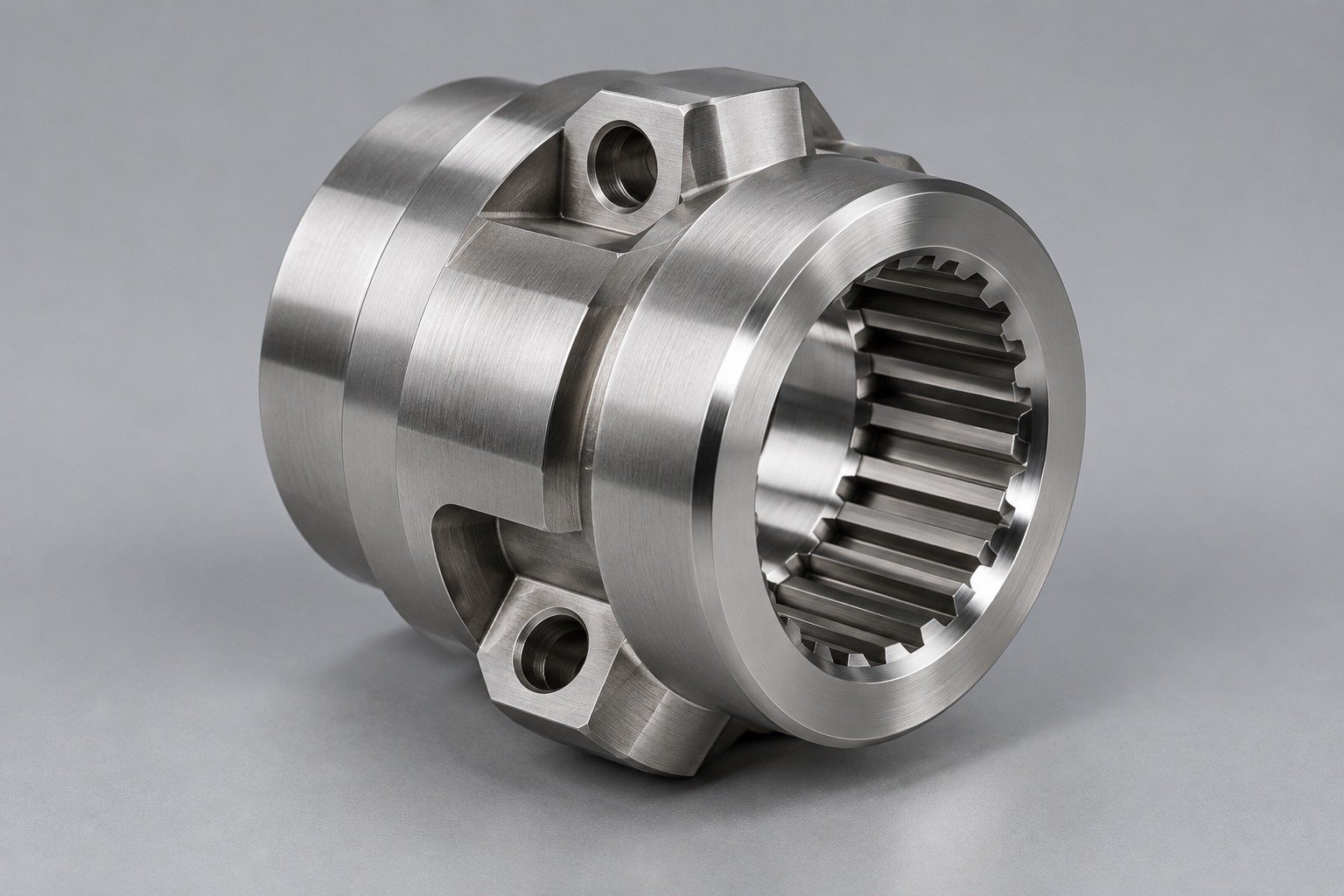 Satin spline coupling with machined bore — illustrative 17-4 PH stainless steel component concept