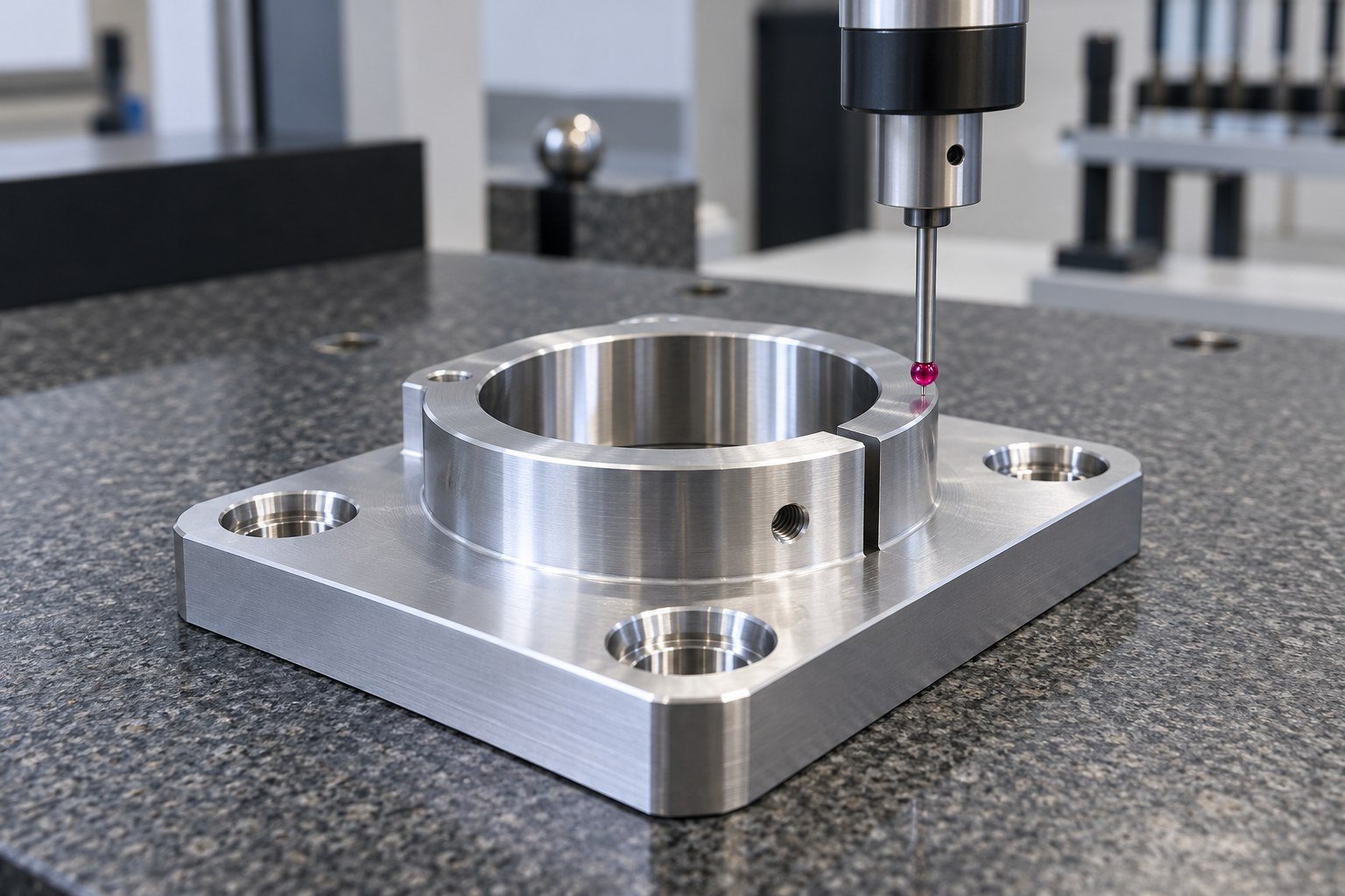 Illustrative CMM stylus above a 2024 aluminum flange bore