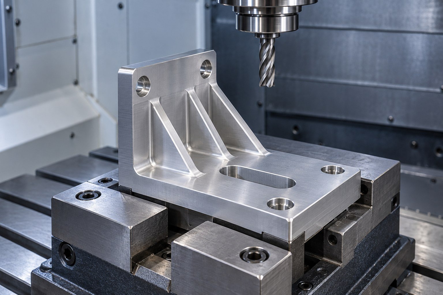 Illustrative CNC mill and secured ribbed 2024 aluminum fixture mount