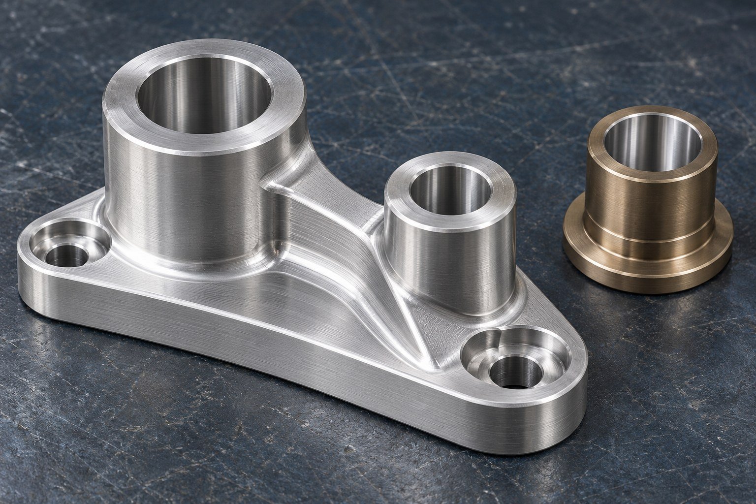 Illustrative 2024 aluminum offset link bracket and flanged sleeve — illustrative concept