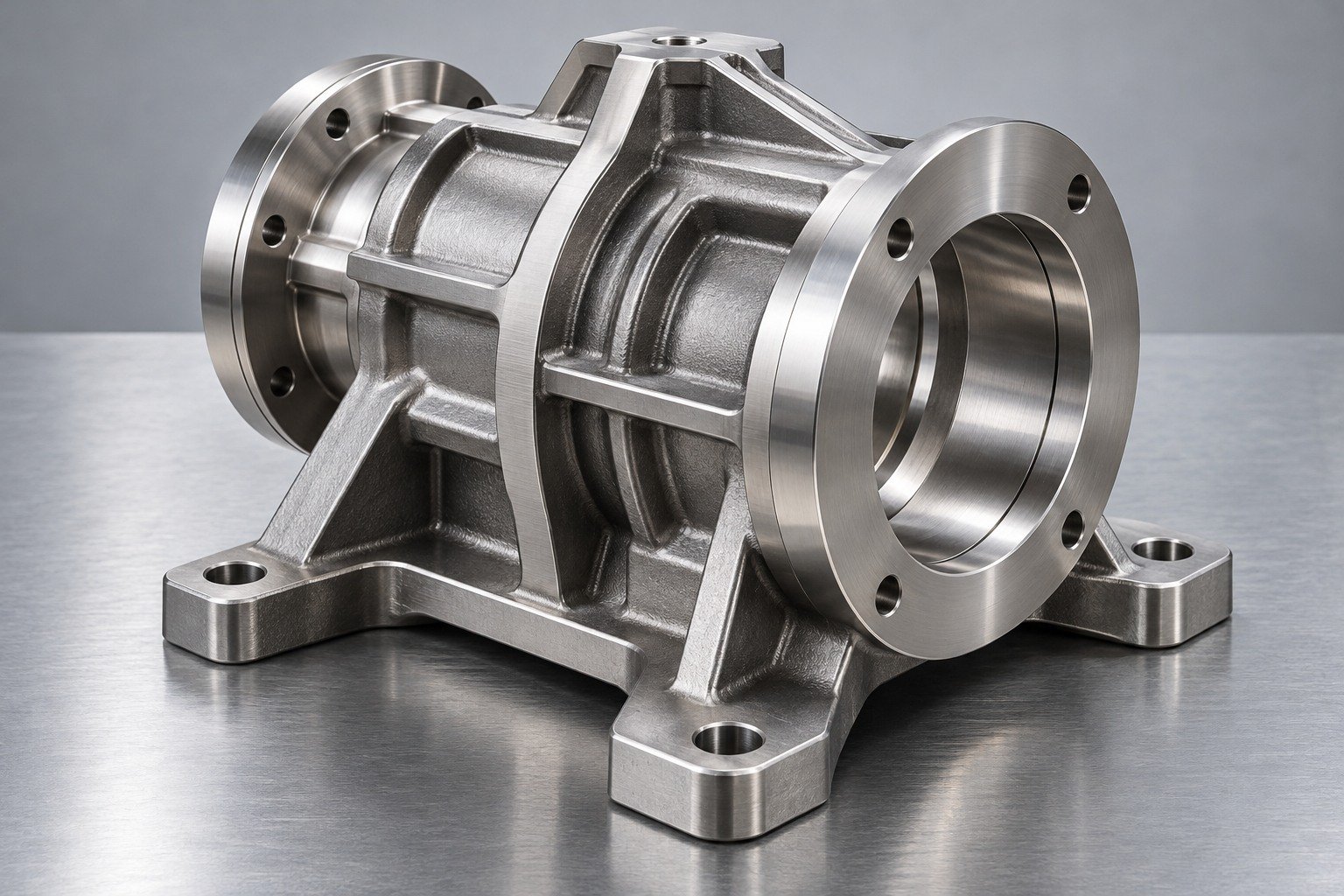 Ribbed pump support with offset flange and through bore — illustrative specialty stainless steel component concept