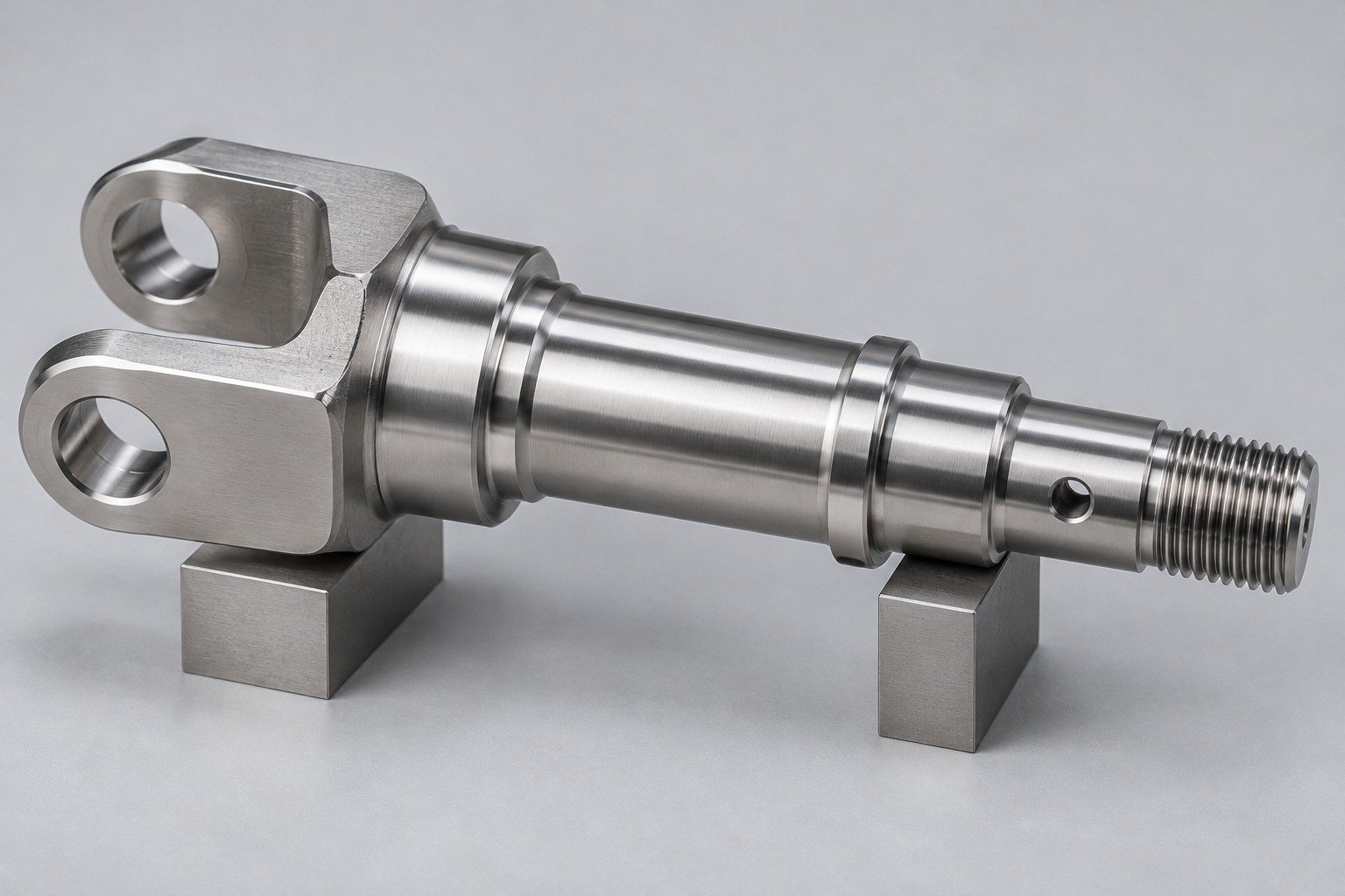 Stainless forked shaft on inspection supports — illustrative303 stainless steel component concept