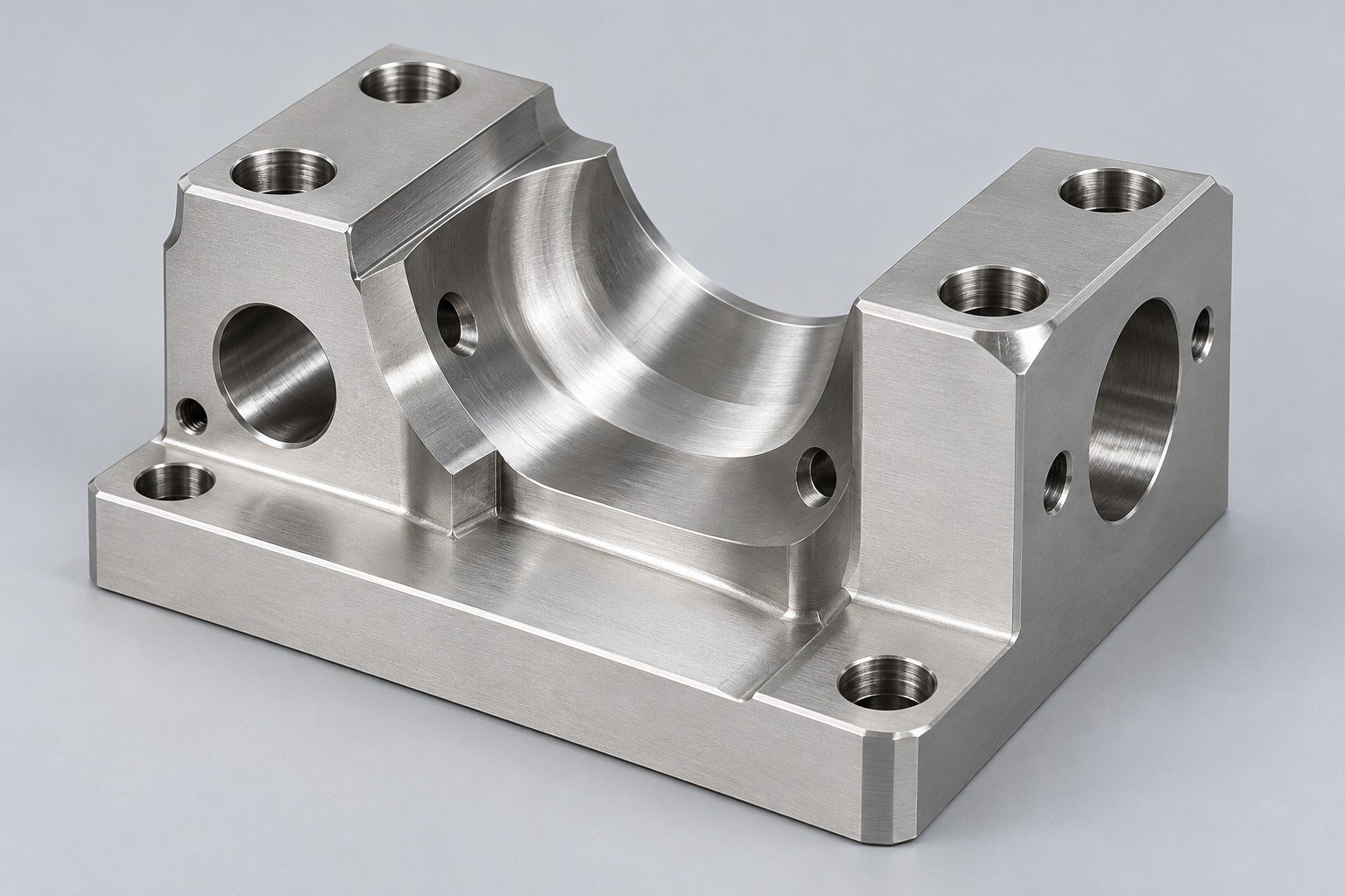 Asymmetric stainless milled mounting block with curved pocket — illustrative303 stainless steel component concept
