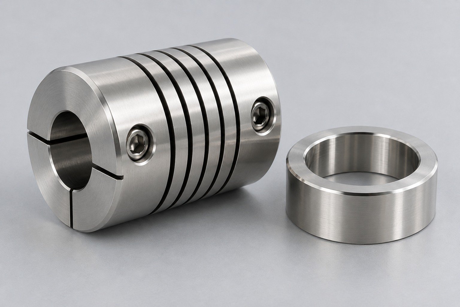 Satin stainless slotted coupling and polished spacer — illustrative303 stainless steel component concept