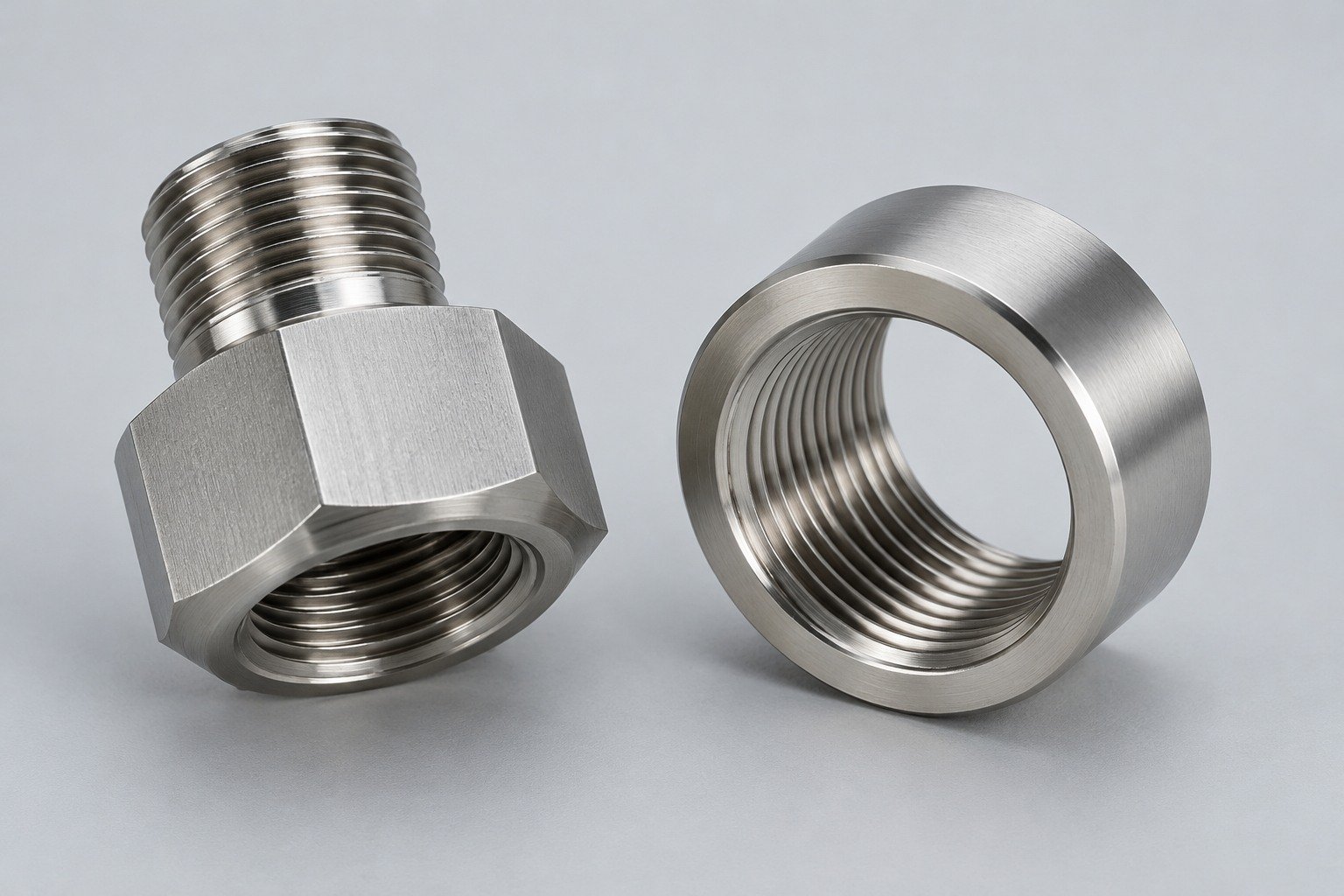 Hexagonal threaded adapter and internally threaded collar — illustrative303 stainless steel component concept