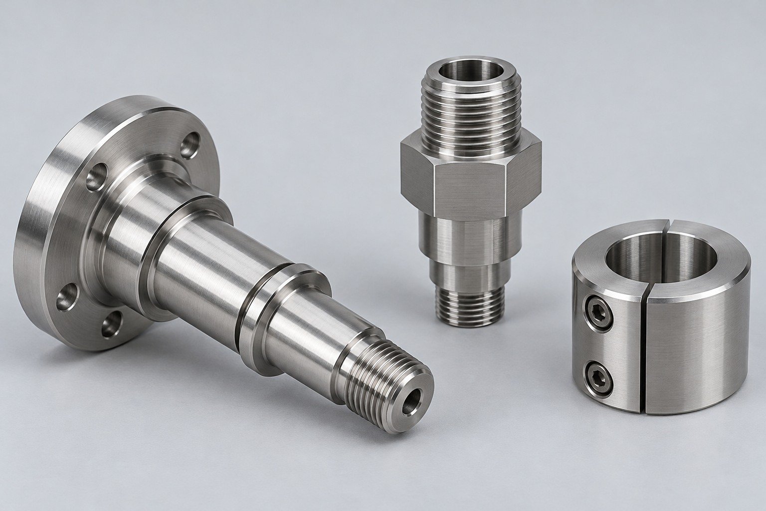 Stepped spindle, hex adapter and split collar bushing — illustrative303 stainless steel component concept