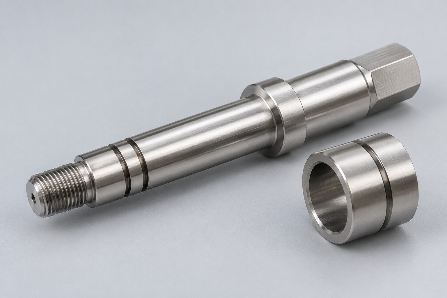 Turned shoulder shaft and guide sleeve — illustrative303 stainless steel component concept