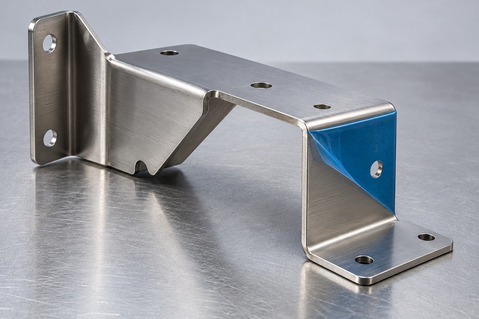 Locate the bend, relief and mounting holes together — illustrative 304 stainless steel technical component concept