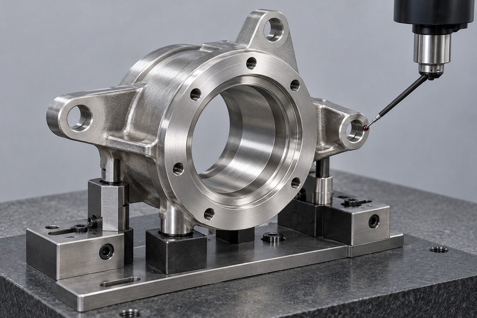 Flanged stainless housing on inspection fixture — illustrative 304 stainless steel component concept