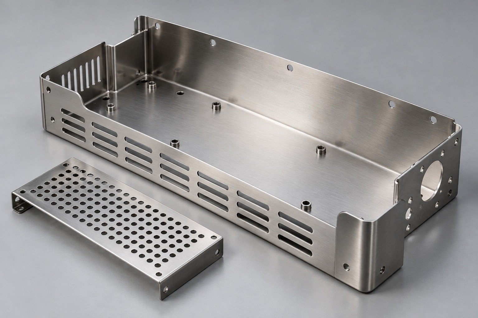 Formed instrument enclosure tray and perforated cover — illustrative 304 stainless steel component concept