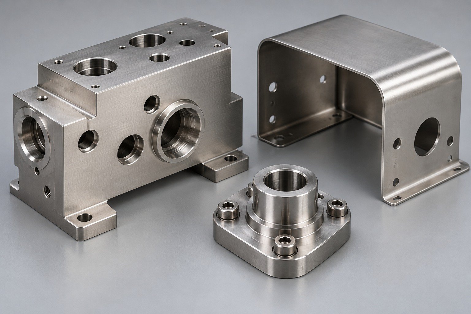 Machined manifold, formed enclosure and shaft mounting flange — illustrative 304 stainless steel component concept
