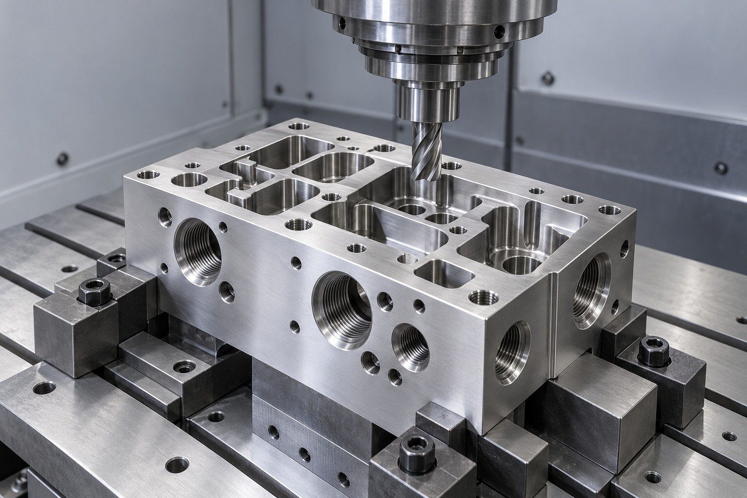 Stainless manifold block clamped for CNC milling — illustrative 304 stainless steel component concept