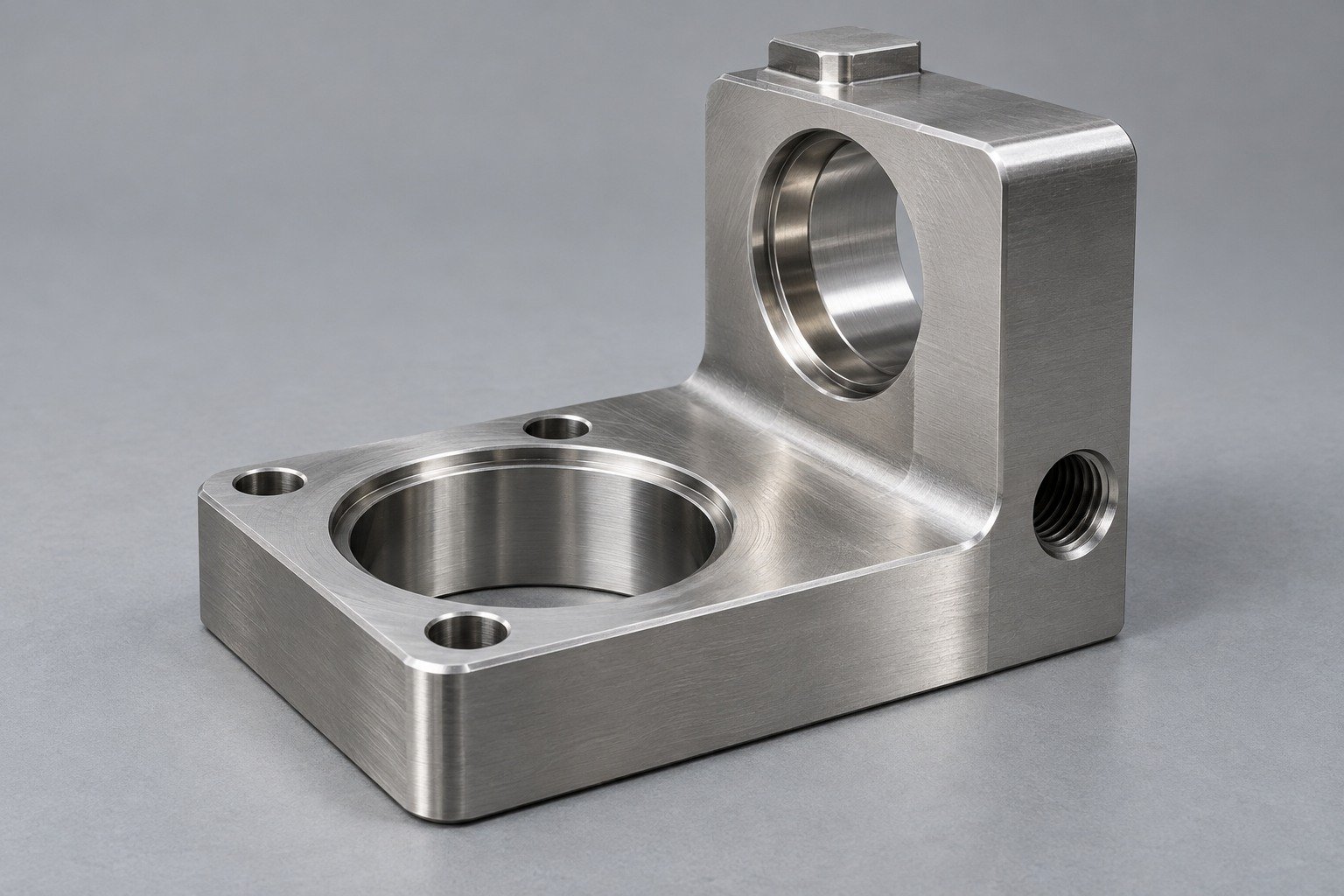 Offset stainless sensor mounting body with precision bores — illustrative 304 stainless steel component concept