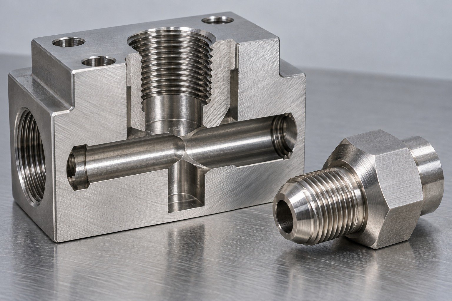 Show the full thread and intersecting passage — illustrative 304 stainless steel technical component concept