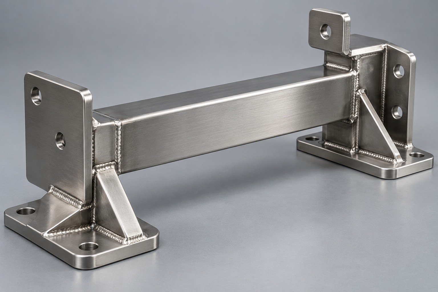 Welded stainless equipment mounting assembly with visible joint beads — illustrative 304 stainless steel component concept
