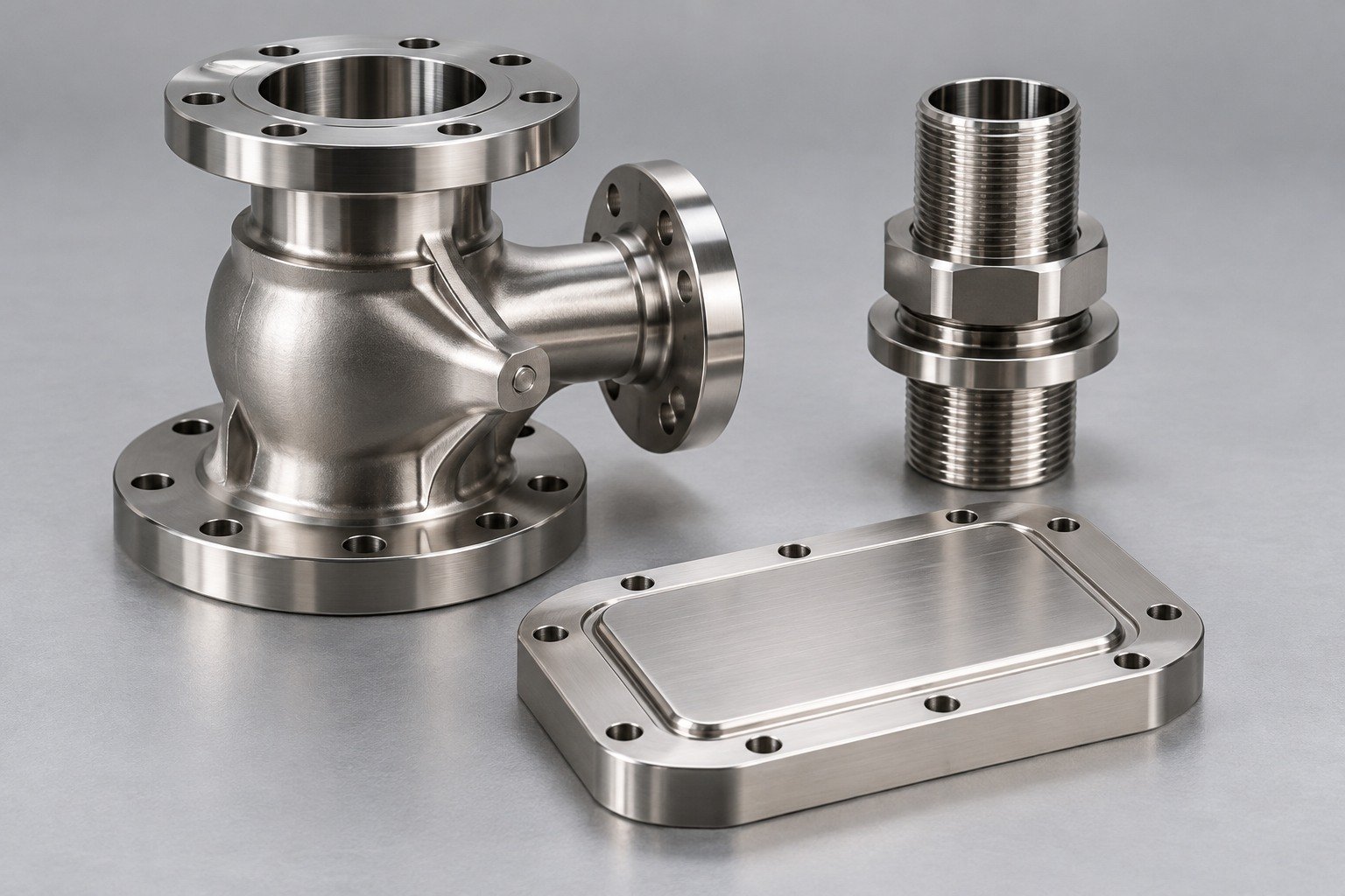 Custom valve housing, bulkhead connector and sealing cover — illustrative 316 stainless steel component concept