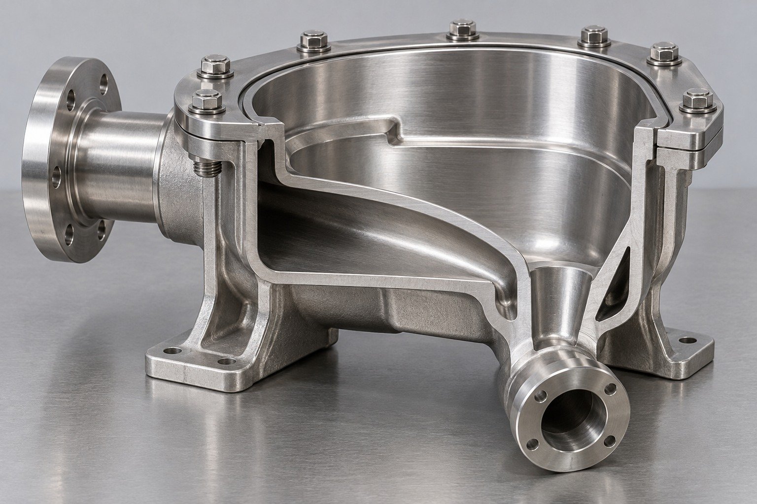 Show where your fluid can remain or drain — illustrative 316 stainless steel technical component concept