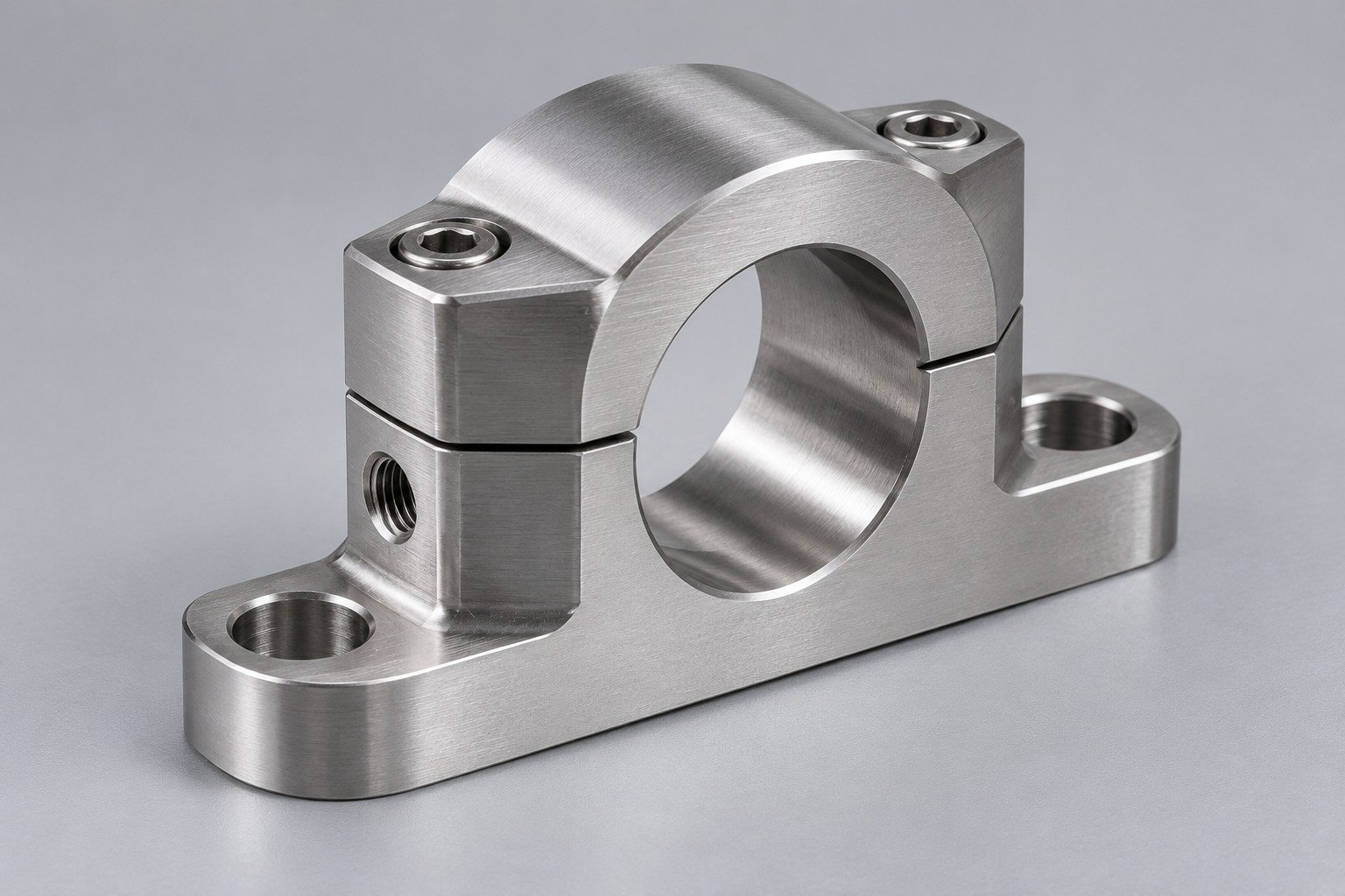 Split-clamp mounting block with offset bore and fixing ears — illustrative 316 stainless steel component concept
