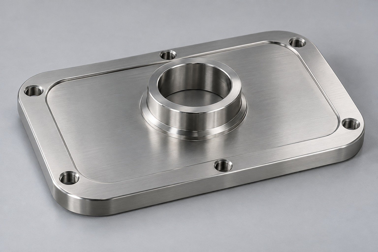 Satin sealing cover with locating spigot and bolt pattern — illustrative 316 stainless steel component concept