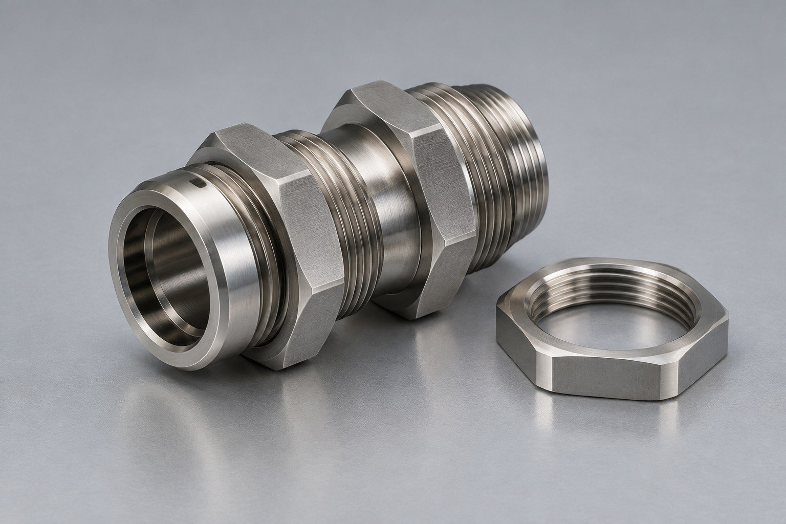 Turned threaded bulkhead adapter and retaining nut — illustrative 316 stainless steel component concept