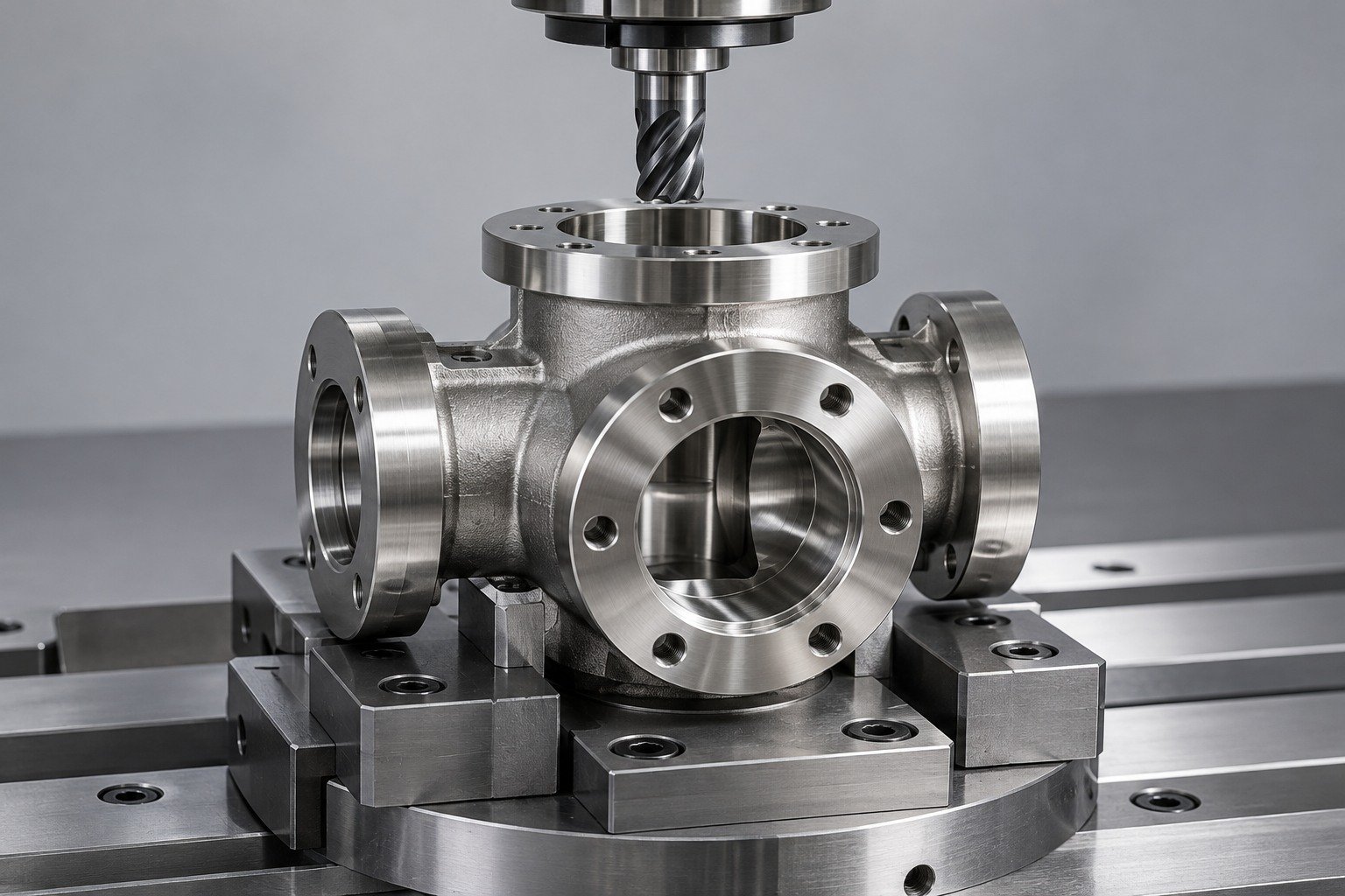 Multi-port valve body clamped beneath a CNC cutting tool — illustrative 316 stainless steel component concept