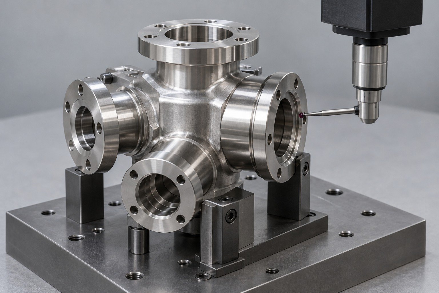 Valve housing on an inspection fixture with probe at sealing face — illustrative 316 stainless steel component concept